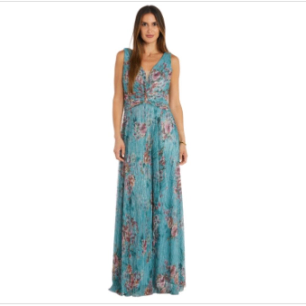 R M Richards Womens Metallic Floral Print Turquoise
